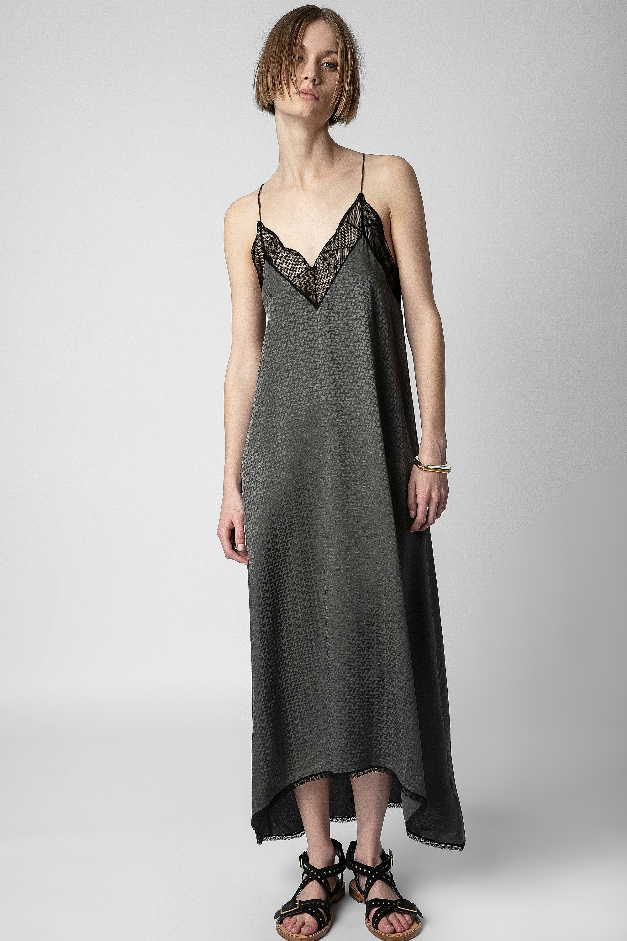 Risty Silk Dress - Women's long grey silk dress with Jacquard spaghetti straps and ZV monogram