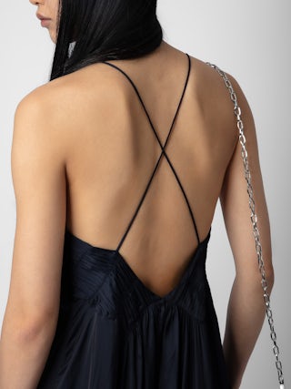 Rayon Satin Dress - Elegant and daring, this pleated satin maxi dress in deep navy brings refined drama to evening dressing. Designed with thin crossover straps and a fluid silhouette, it features a delicately gathered bodice and thigh-high slit. The soft sheen of satin and graceful pleating make this pleated satin maxi dress a standout statement piece.