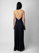 Vestido De Satén De Rayón - Vestido largo de satén de estilo lencero en color azul marino con tirantes, falda abierta y pechera trabajada.
