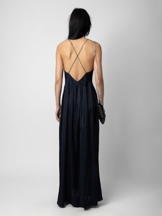Rayon Satin Dress - Elegant and daring, this pleated satin maxi dress in deep navy brings refined drama to evening dressing. Designed with thin crossover straps and a fluid silhouette, it features a delicately gathered bodice and thigh-high slit. The soft sheen of satin and graceful pleating make this pleated satin maxi dress a standout statement piece.