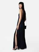 Satin Rayon Dress - Navy blue satin long lingerie-style dress with straps, split on the skirt and elaborate front.