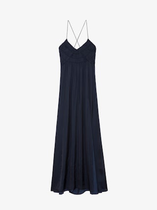 Rayon Satin Dress - Elegant and daring, this pleated satin maxi dress in deep navy brings refined drama to evening dressing. Designed with thin crossover straps and a fluid silhouette, it features a delicately gathered bodice and thigh-high slit. The soft sheen of satin and graceful pleating make this pleated satin maxi dress a standout statement piece.