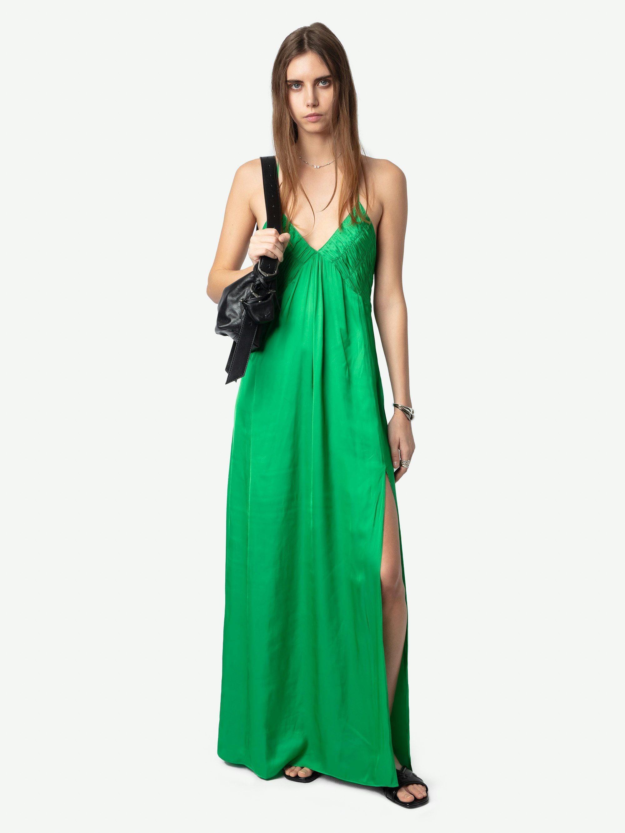 Satin Rayon Dress - Long pleated lingerie-inspired dress in satin, with slit and adjustable cross-over straps.