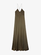 Satin Rayon Dress - Women's long dress in gathered khaki satin with thin straps