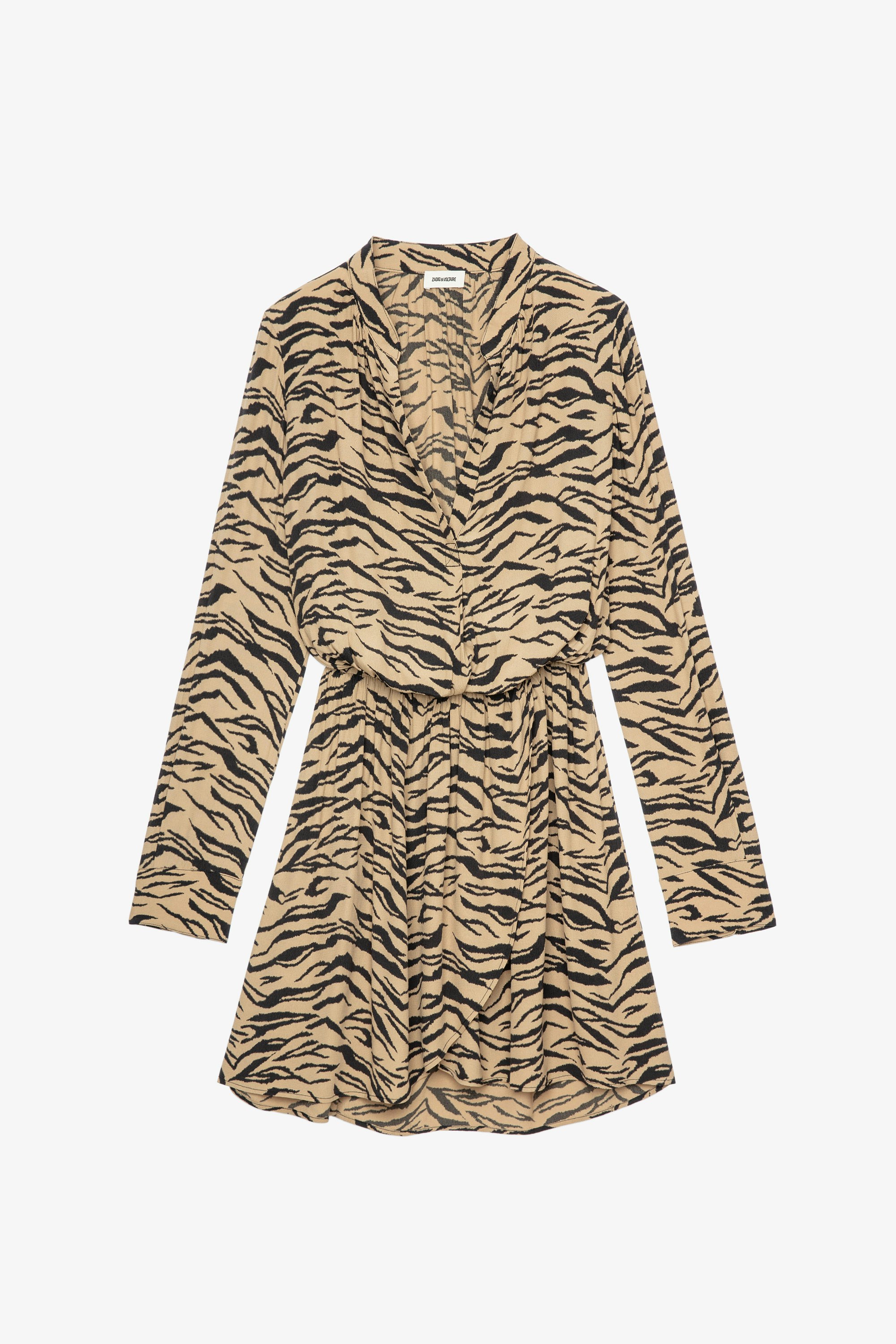 Rinka Tiger Dress - Women’s Naturel draped mini dress with tiger print