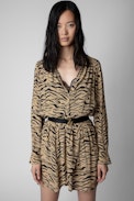 Abito Rinka Tiger - Abito corto Naturel drappeggiato con stampa tigre donna