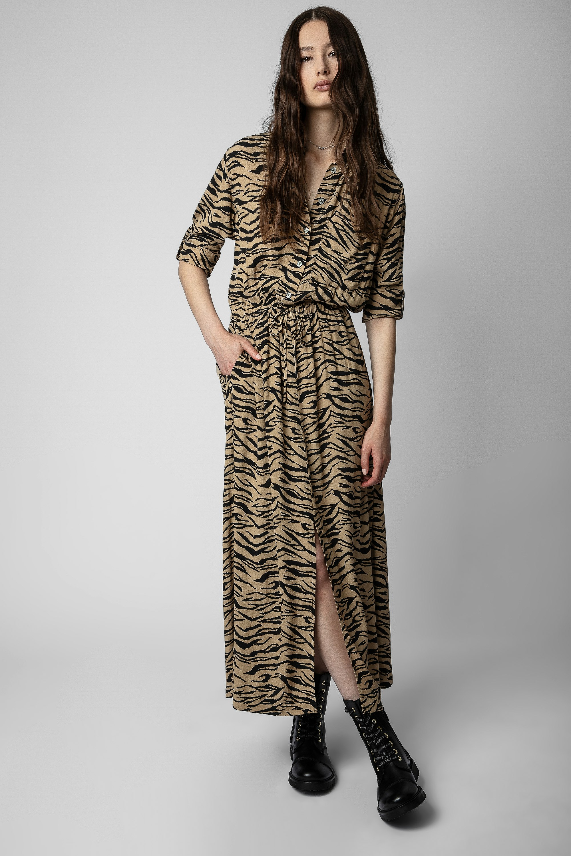 Radial Tiger Dress - Women's long-sleeved maxi dress with tiger print