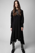 Rozyl Silk Dress - Women’s long black silk dress with draped effect and asymmetric skirt