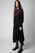 Rozyl Silk Dress - Women’s long black silk dress with draped effect and asymmetric skirt