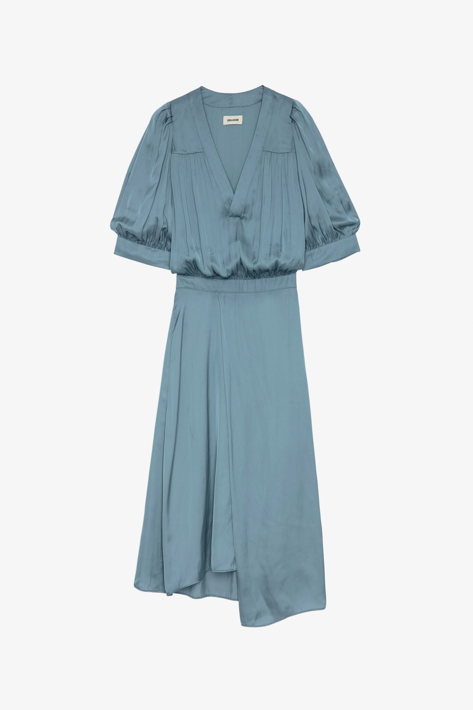 Kleid Ralia Halblanges Damenkleid aus himmelblauem Satin mit kurzen Ballonärmeln