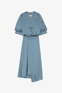 Ralia Satin Dress - Women's mid-length light blue satin dress with short puff sleeves