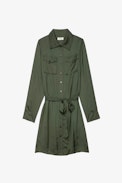 Rack Satin Dress - Women’s khaki satin dress tied at the waist
