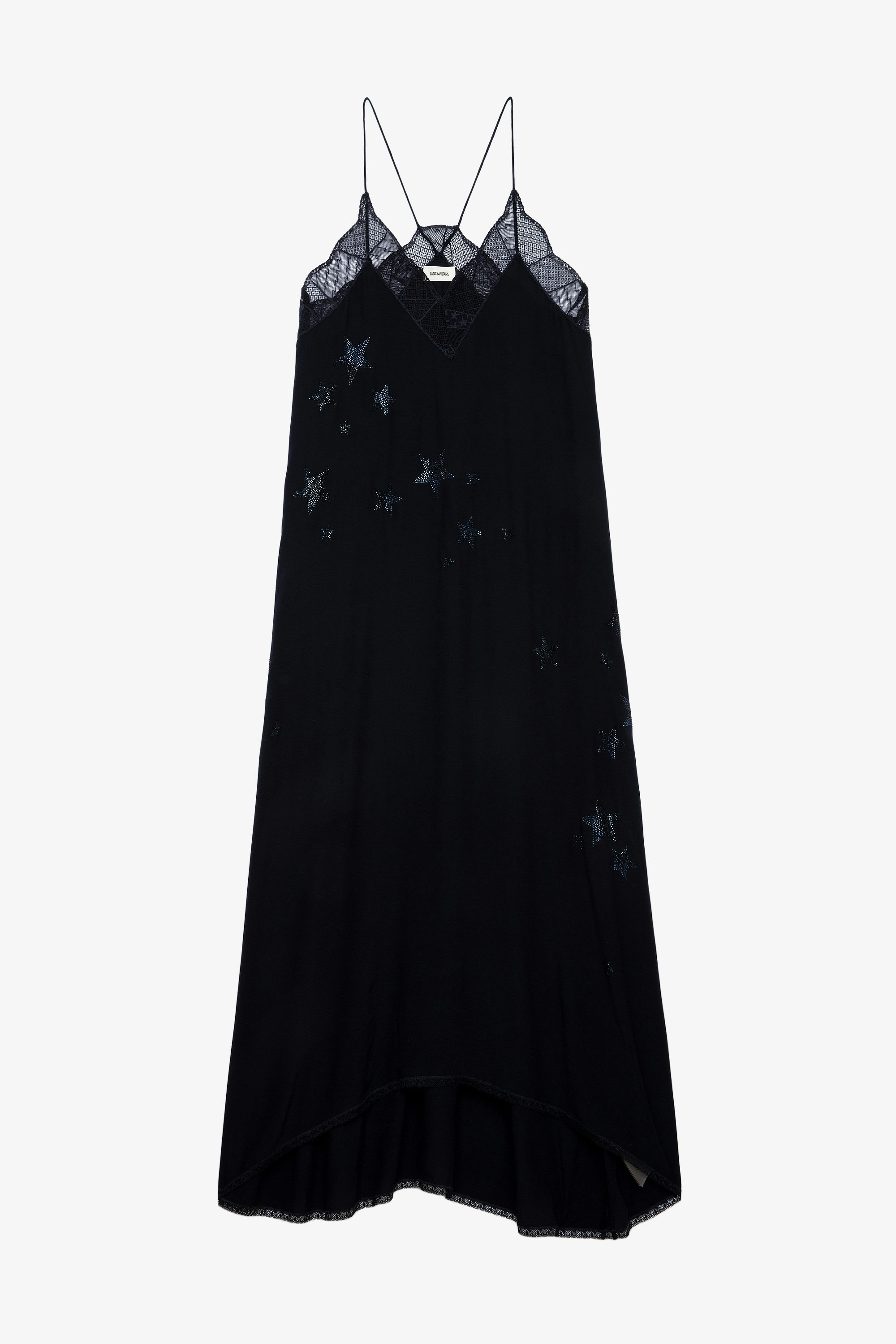Kleid Risty Soft Strass Stars Langes, marineblaues Damenkleid mit Spitzenrändern und kristallverziertem Sternmotiv