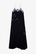 Risty Soft Diamanté Stars Dress - Women’s navy blue long dress with lace trim and studded with crystal-embellished stars