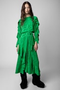 Ritana Chains Silk Dress - Women’s long green silk dress with draped effect, decorated with jacquard ZV chains, tied with a braided belt at the waist