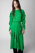 Ritana Chains Silk Dress - Women’s long green silk dress with draped effect, decorated with jacquard ZV chains, tied with a braided belt at the waist
