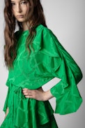 Ritana Chains Silk Dress - Women’s long green silk dress with draped effect, decorated with jacquard ZV chains, tied with a braided belt at the waist