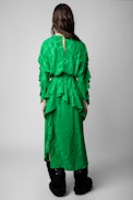 Ritana Chains Silk Dress - Women’s long green silk dress with draped effect, decorated with jacquard ZV chains, tied with a braided belt at the waist