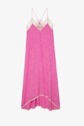 Risty Silk Dress - Women's long dress in pink leopard silk jacquard with thin straps