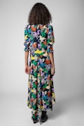 Ranage Horses Silk Dress - Women’s long asymmetric dress in blue silk with horse print