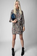 Rivali Dress - Women's blue floral-print dress with tie