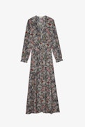 Rabella Dress - Women's long blue dress with slit and floral motifs