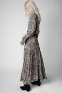 Rabella Dress - Women's long blue dress with slit and floral motifs