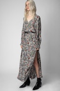 Rabella Dress - Women's long blue dress with slit and floral motifs