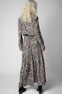 Rabella Dress - Women's long blue dress with slit and floral motifs