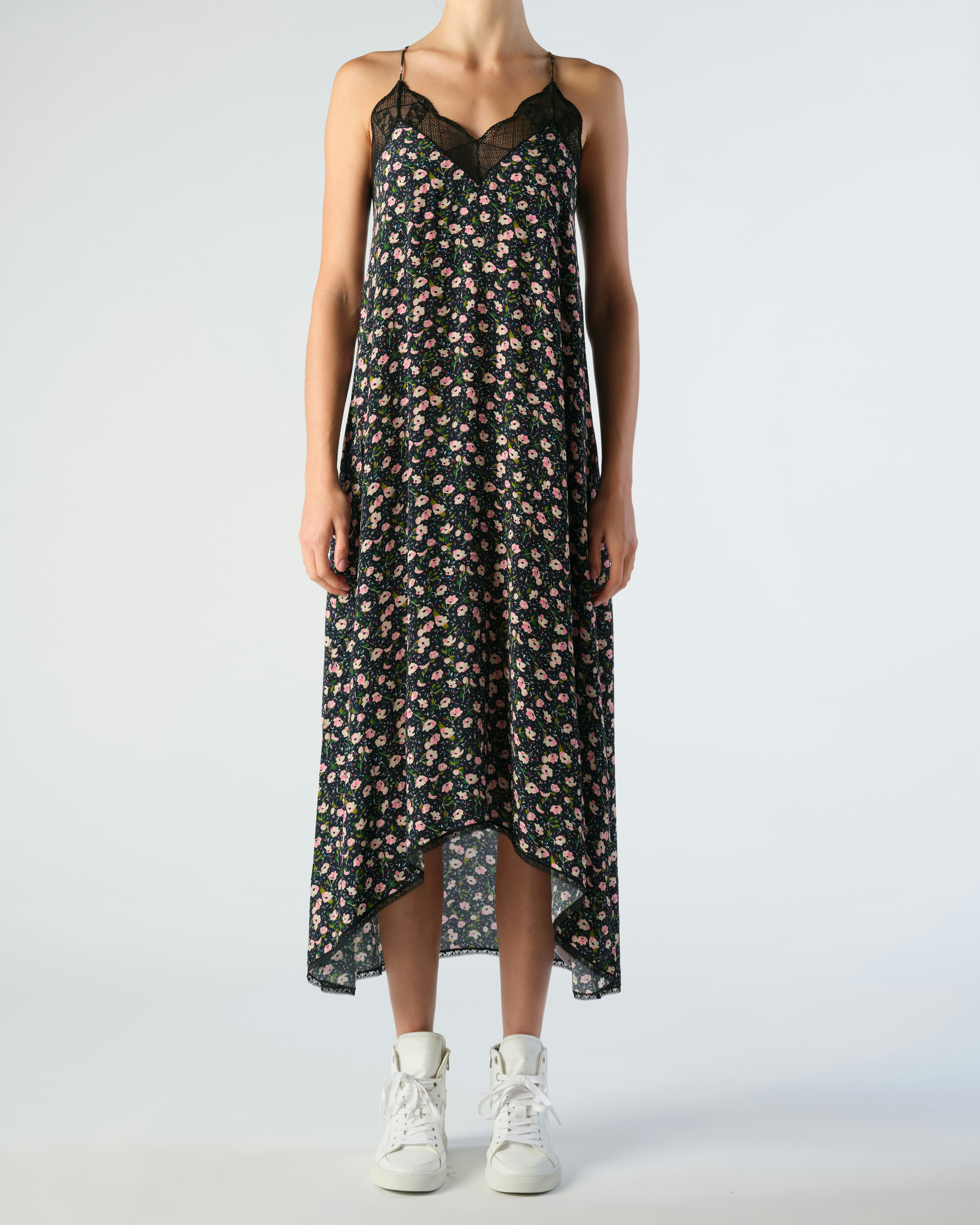 Risty Dress - Women's lingerie-style maxi dress with pink floral print, thin straps, and lace-trimmed neckline.