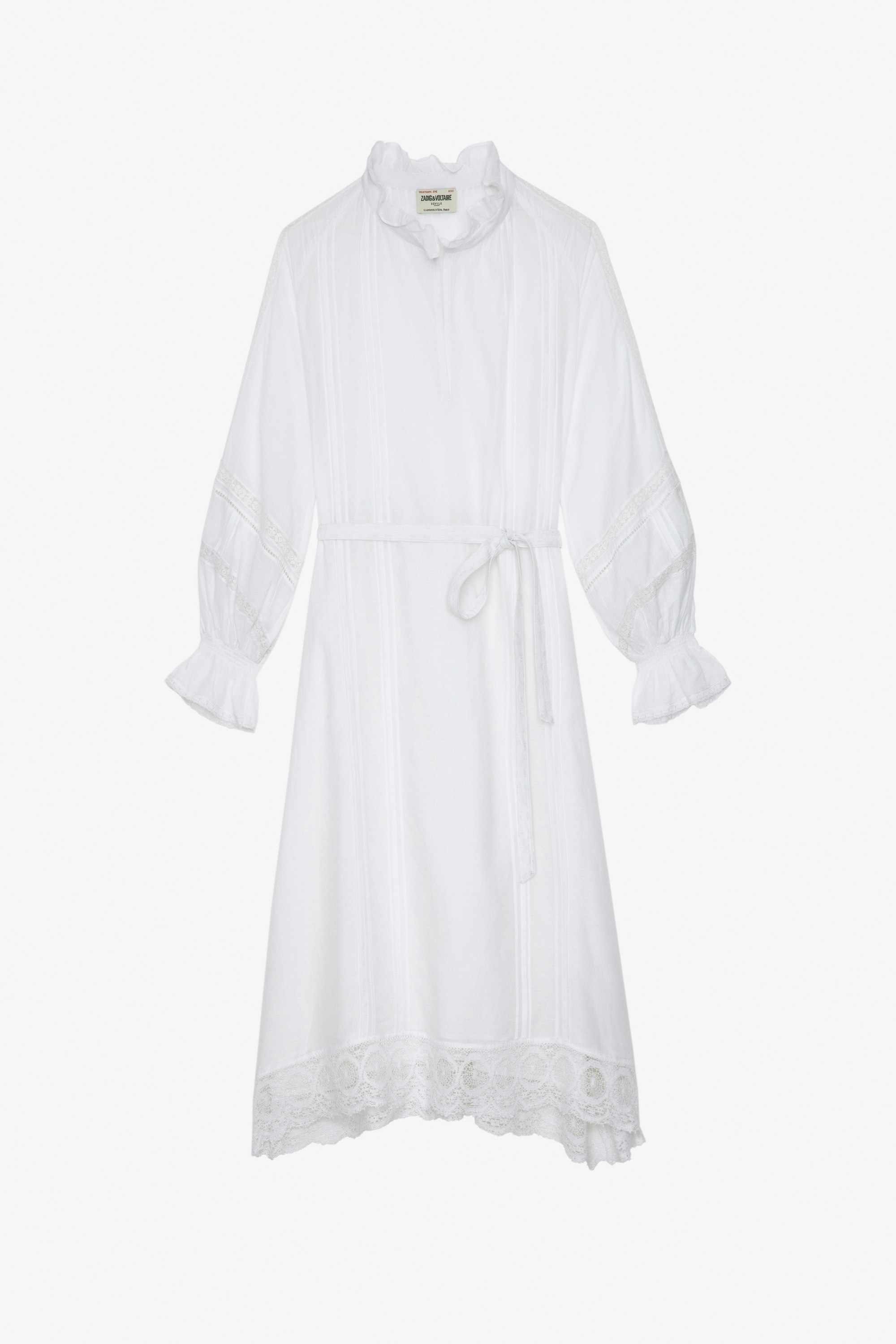 Rada Dress Women's asymmetrical white dress with lace strips and puffed sleeves
