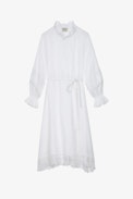 Rada Dress - Women's asymmetrical white dress with lace strips and puffed sleeves