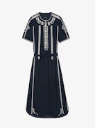 Rigy Dress - Mid-length belted cotton dress, short sleeves, neckline closure with jewel buttons and embroidery.