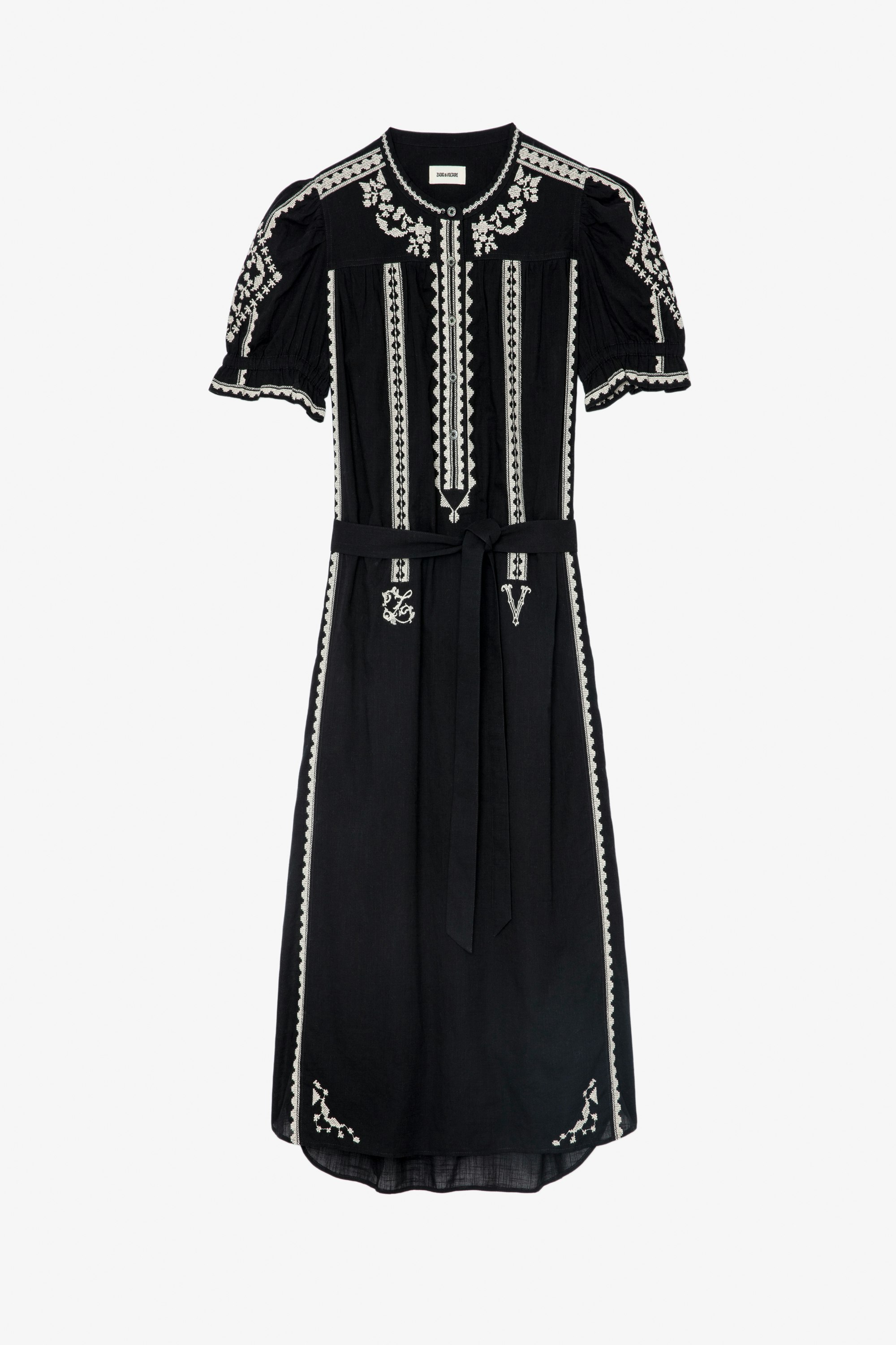 Rigy Dress Women's long dress in black cotton embellished with embroidery, puffed sleeves and tied waist