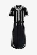 Rigy Dress - Women's midi dress in black cotton embellished with embroidery, puffed sleeves and tied waist