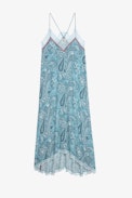 Abito Risty - Abito lungo in seta blu con spalline sottili impreziosito da una stampa Paisley e un bordo rosso - Donna