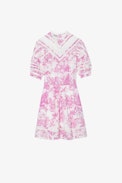 Rozy Dress - Women's short pink cotton dress featuring Toile-de-Jouy, ruffles and lace strips