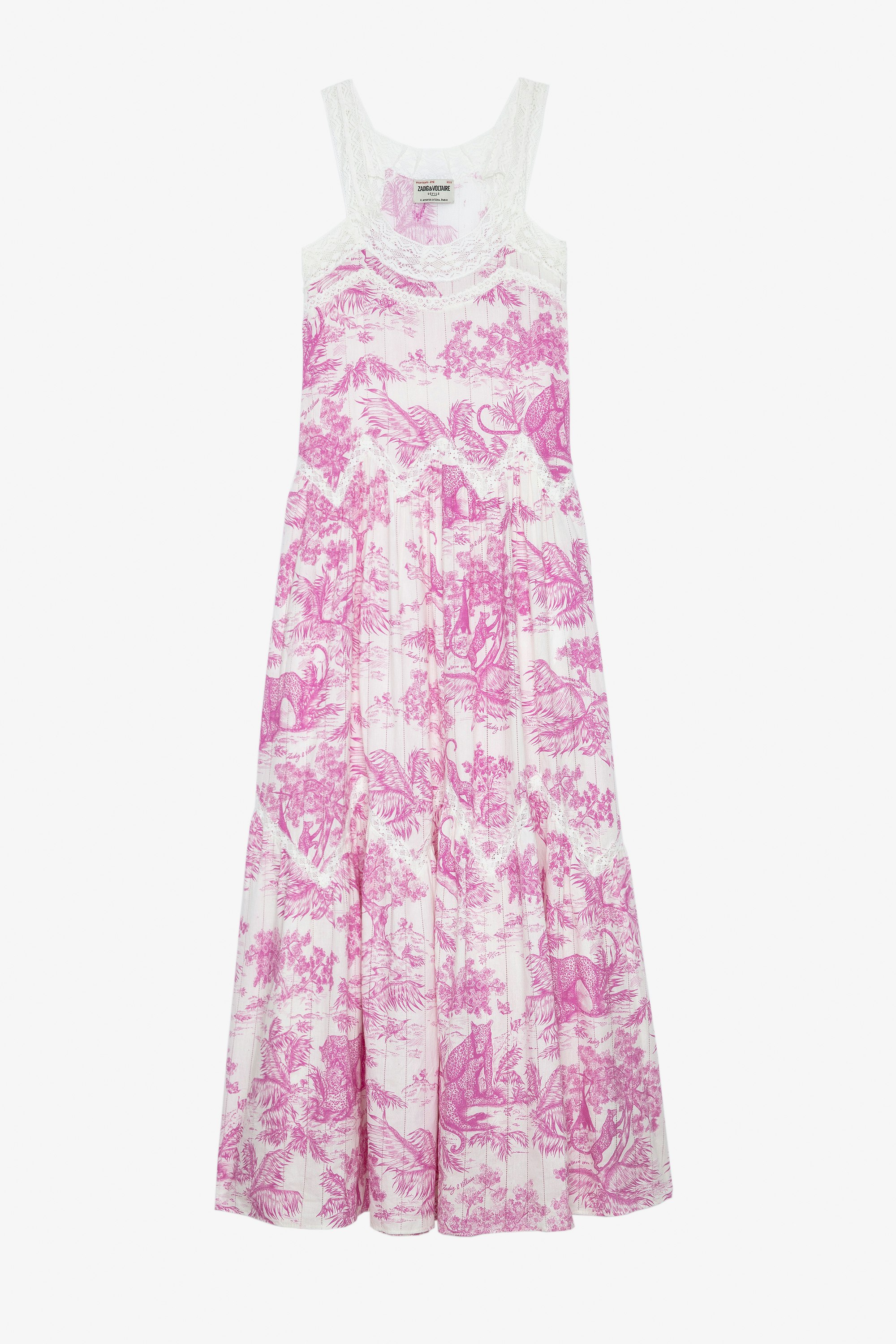 Recloud Dress Women's draped long pink cotton dress featuring Toile-de-Jouy and lace strips