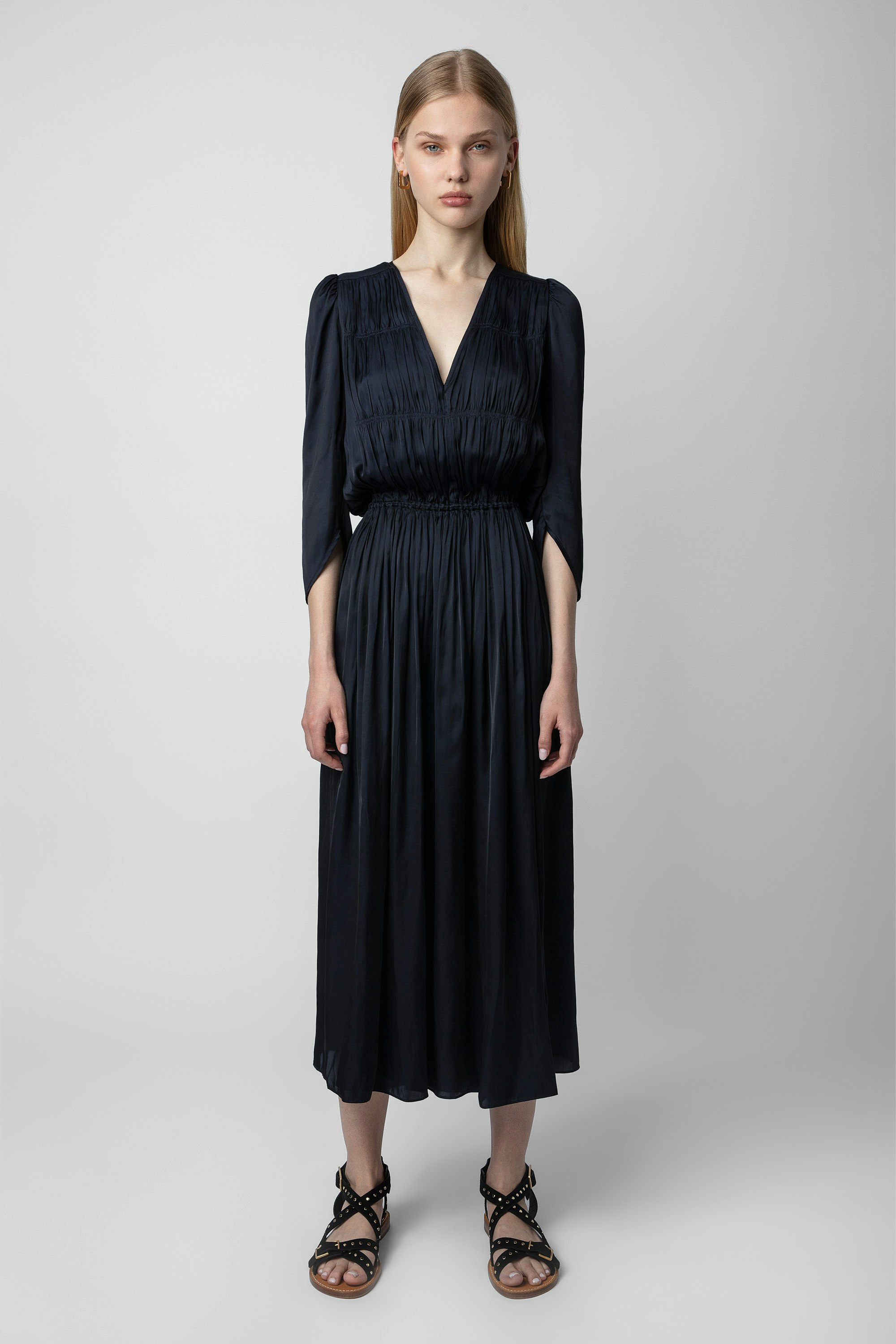 Ryoko Satin Dress - Women's long navy blue satin dress, draped with asymmetrical sleeves