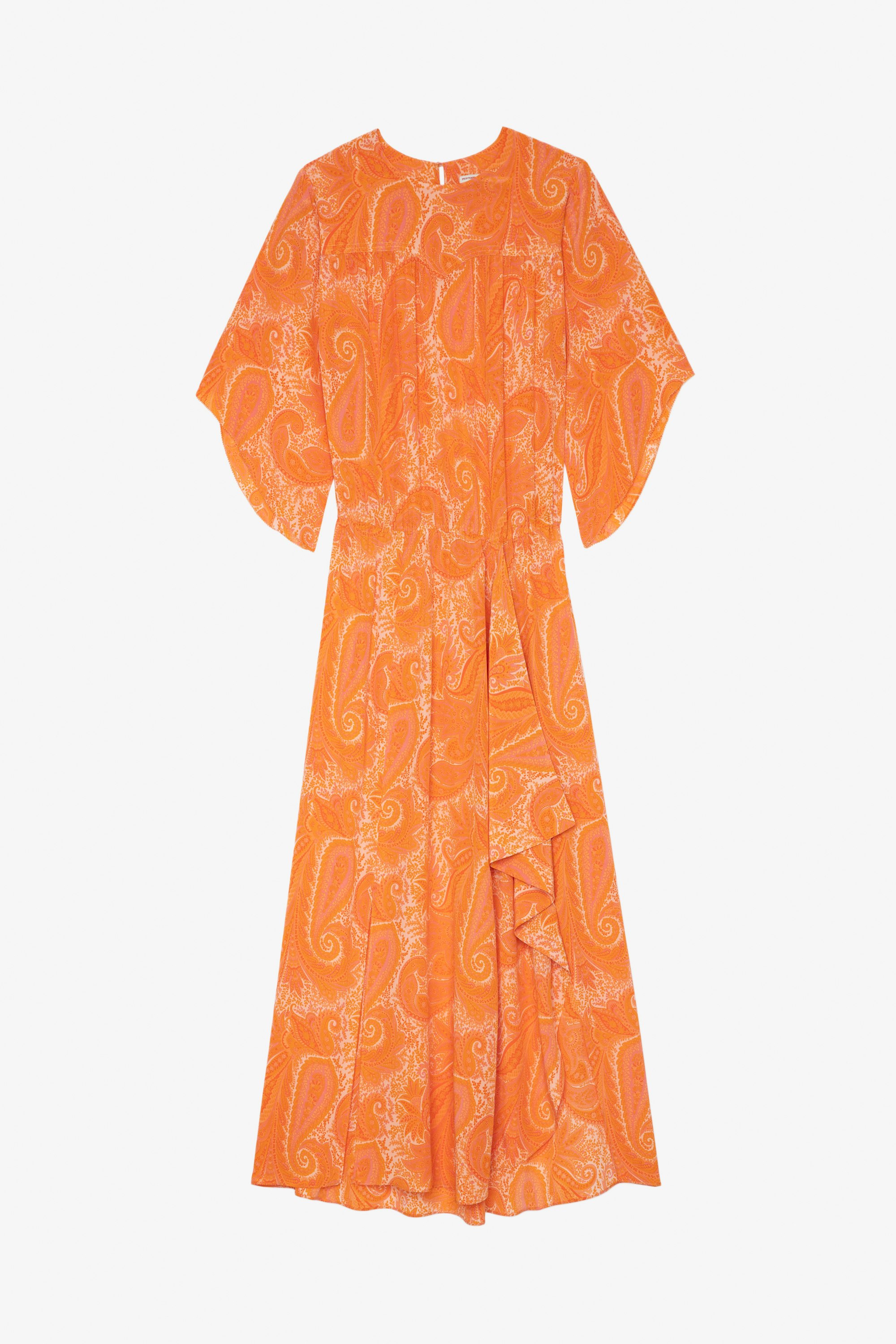 Kleid Rusty Langes, asymmetrisches und drapiertes Damenkleid aus orangefarbener Seide mit Paisleymuster und Gürtel