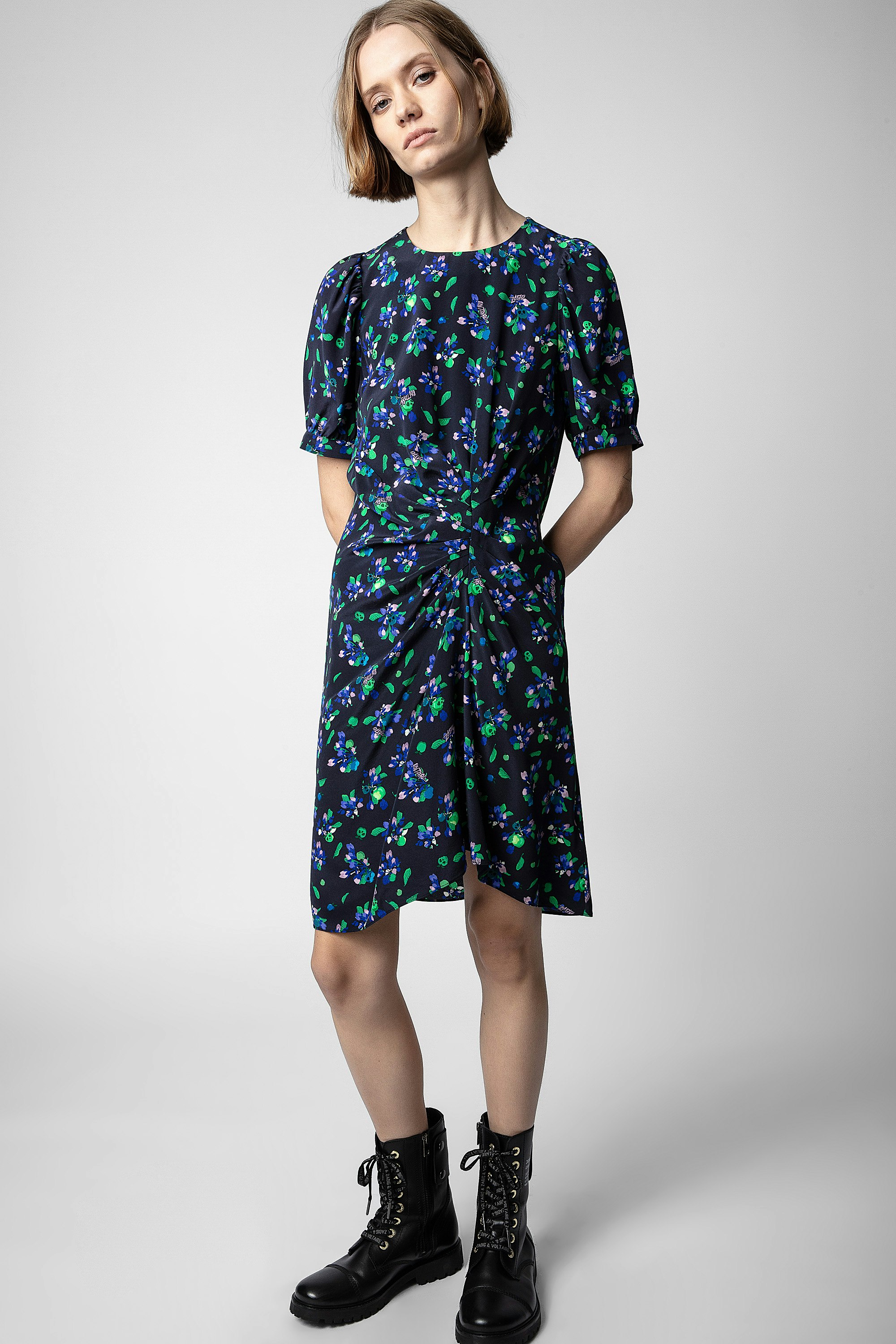 Rixe Silk Dress - Women’s short black silk dress with a floral print