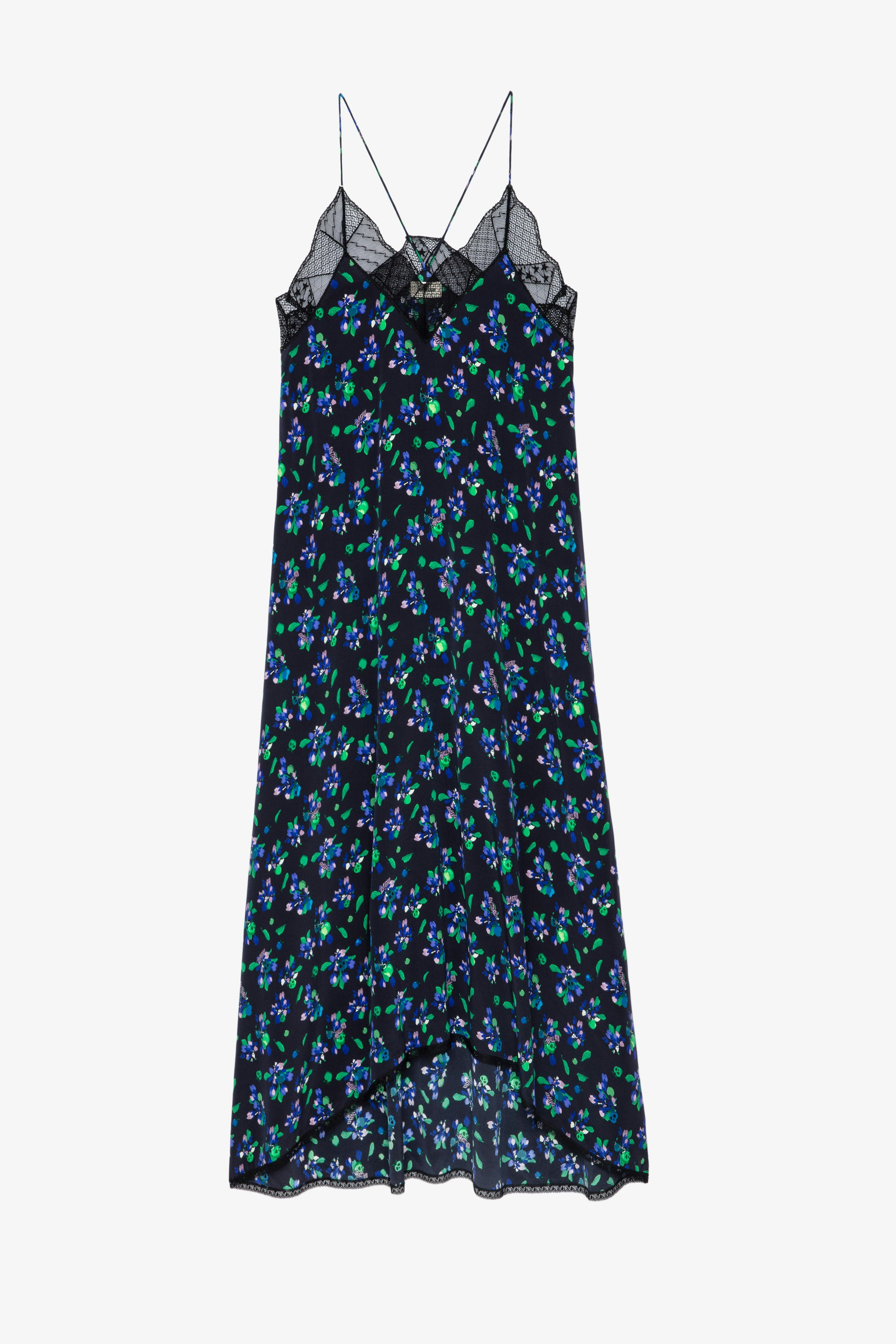 Risty Silk Dress Women’s long black silk dress with thin straps and a floral print
