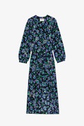 Renew Silk Dress - Women’s rhinestone mid-length draped-effect dress in black silk with a floral print and skulls