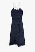 Rixi Silk Dress - Women's long dress in navy blue leopard jacquard with asymmetric skirt adorned with lace strips