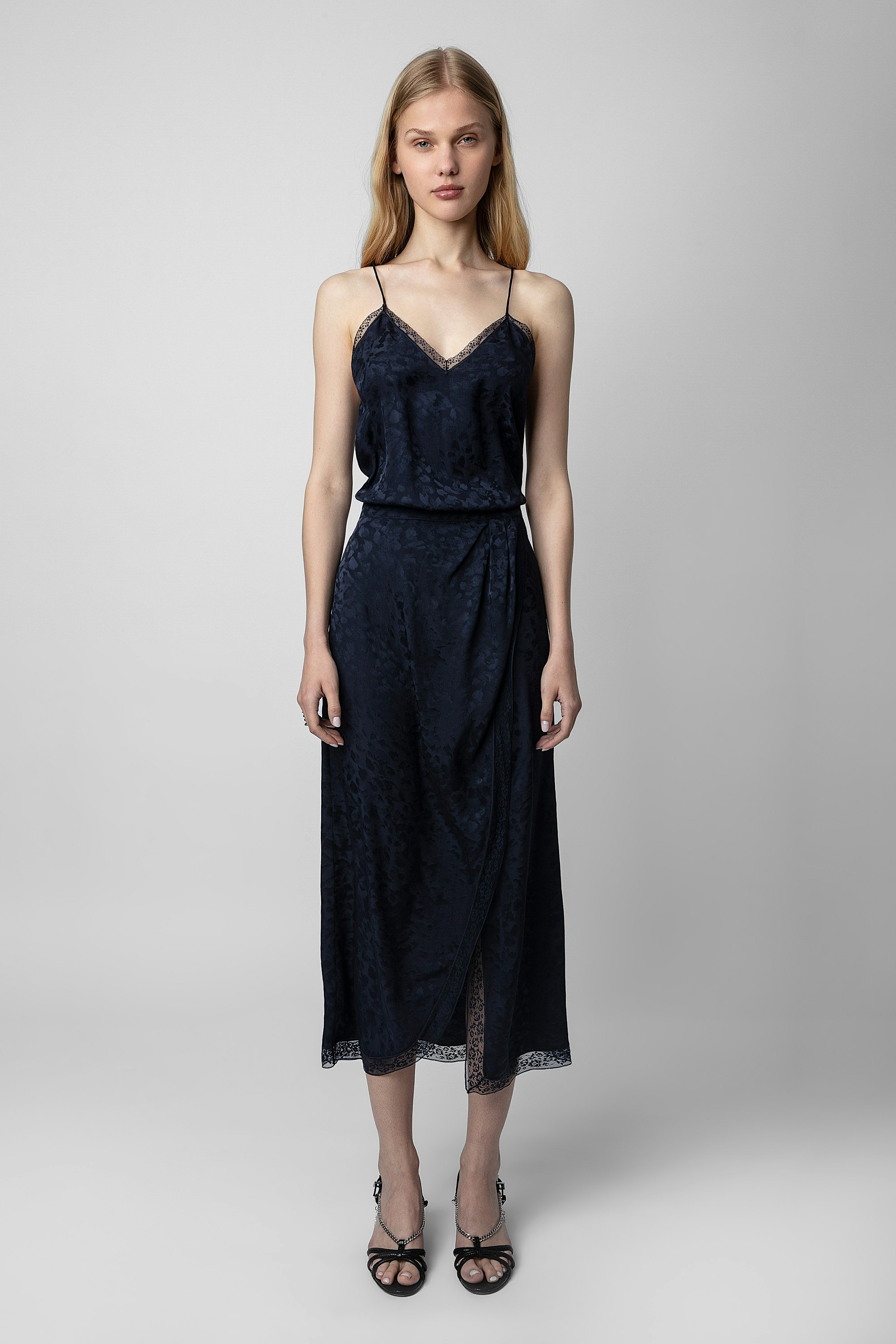 Rixi Silk Dress - Women's long dress in navy blue leopard jacquard with asymmetric skirt adorned with lace strips