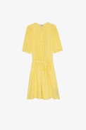 Rodji Silk Dress - Women's short dress in yellow leopard silk jacquard with puffed sleeves and belt