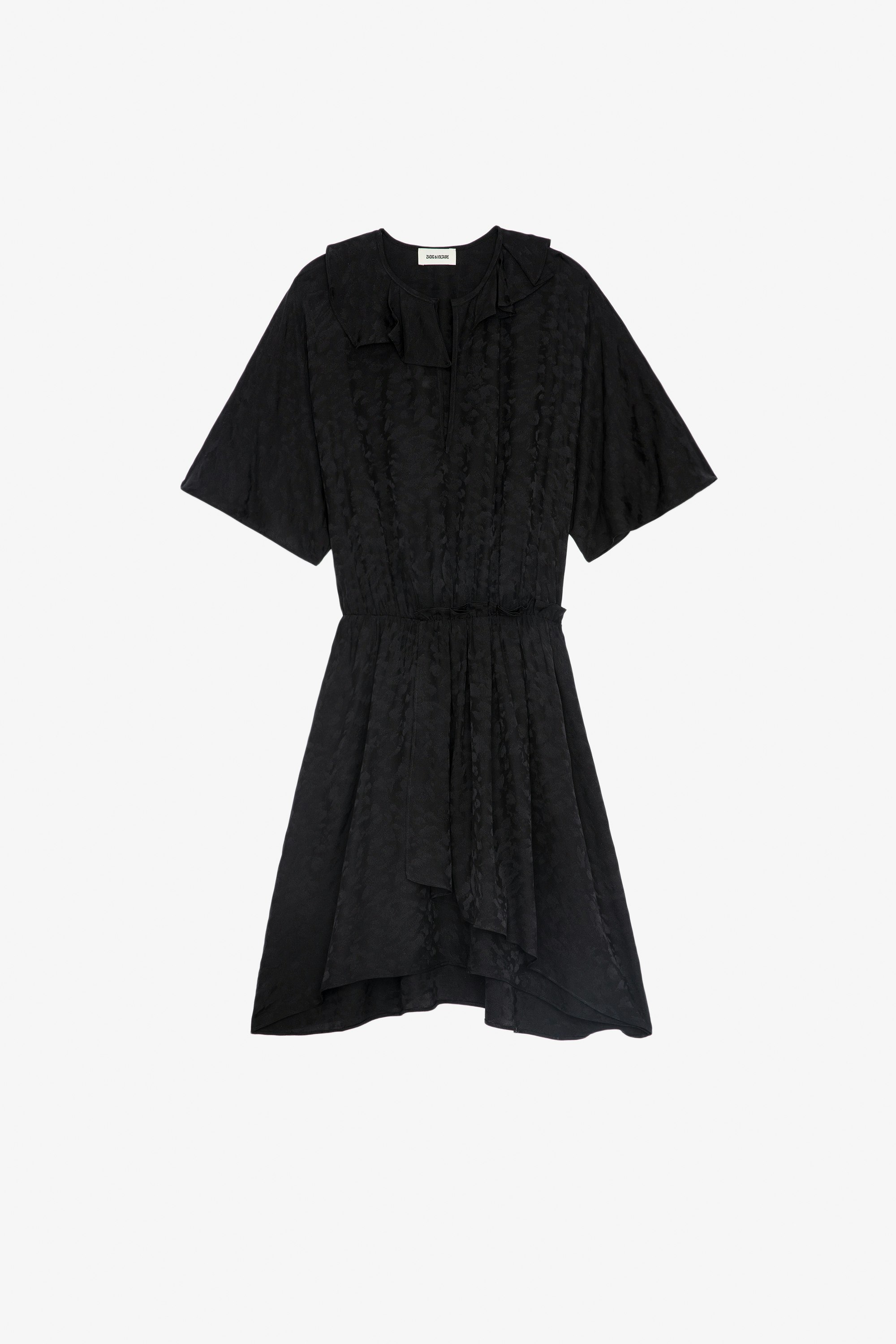 Rackyla Silk Dress Women's asymmetrical short black silk dress with leopard jacquard and ruffles
