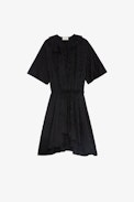 Rackyla Silk Dress - Women's asymmetrical short black silk dress with leopard jacquard and ruffles