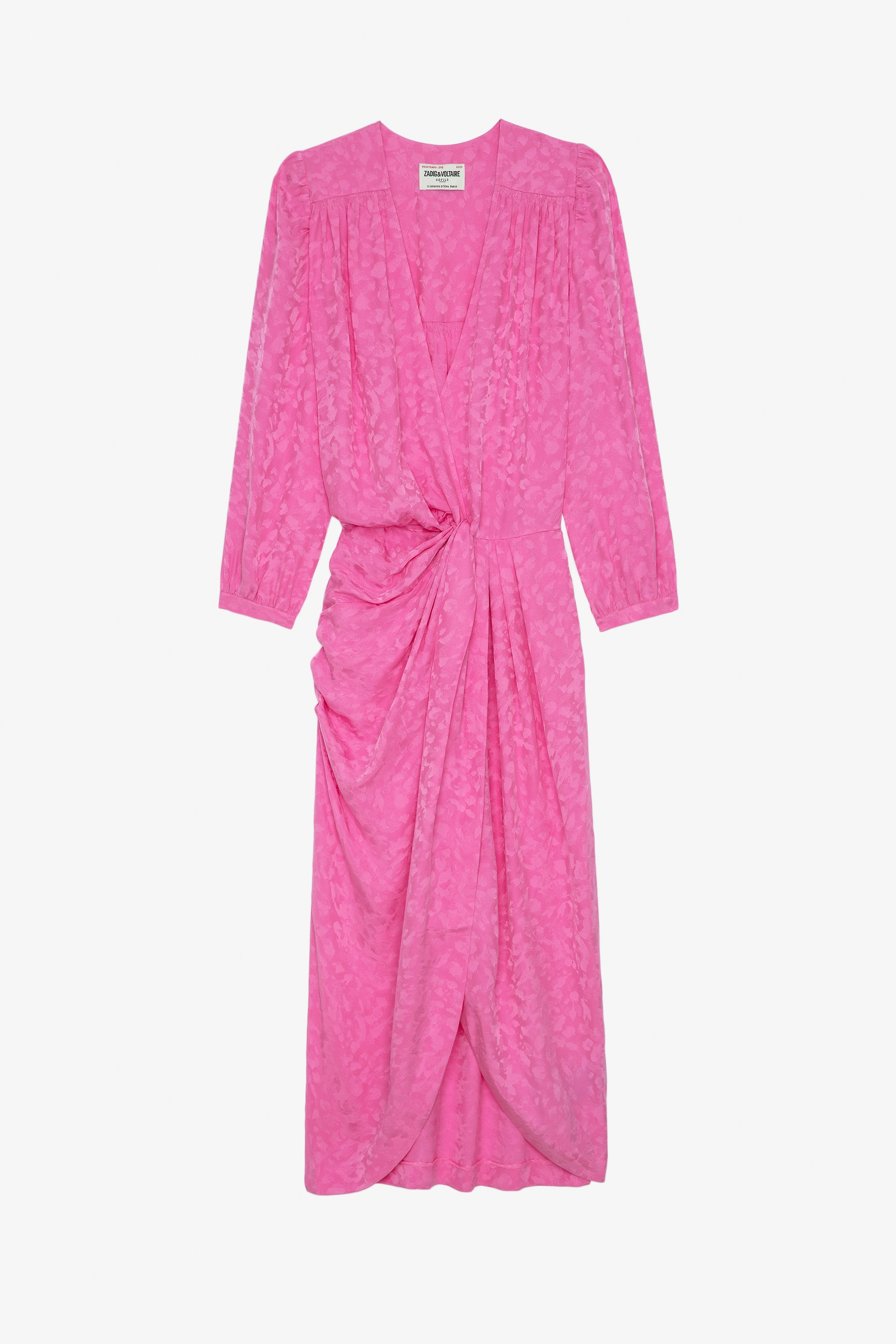 Renew Jac Leo Silk Dress - Women's long draped dress in pink leopard-effect silk jacquard