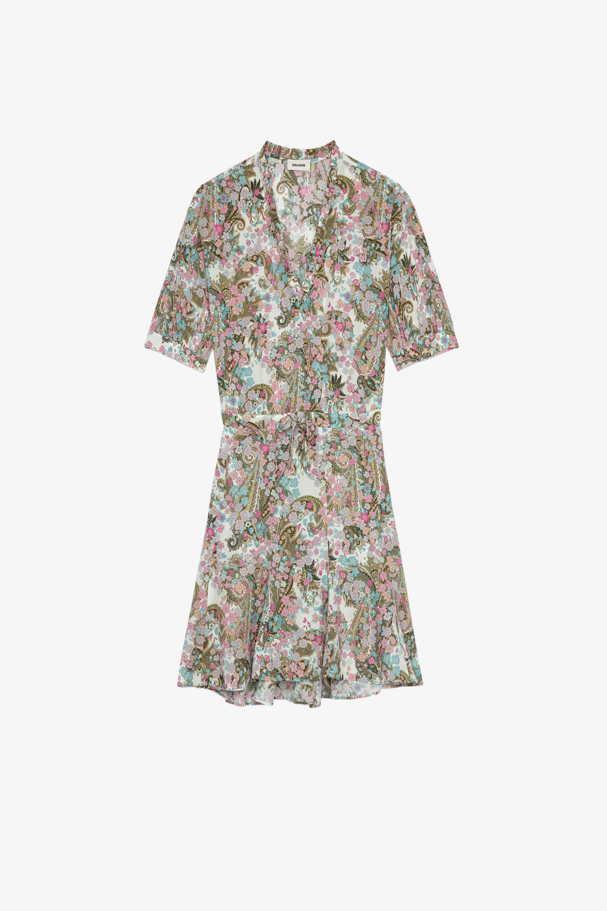Vestido Remove Vestido corto color lila estampado floral con mangas cortas tipo globo y atado a la cintura Mujer